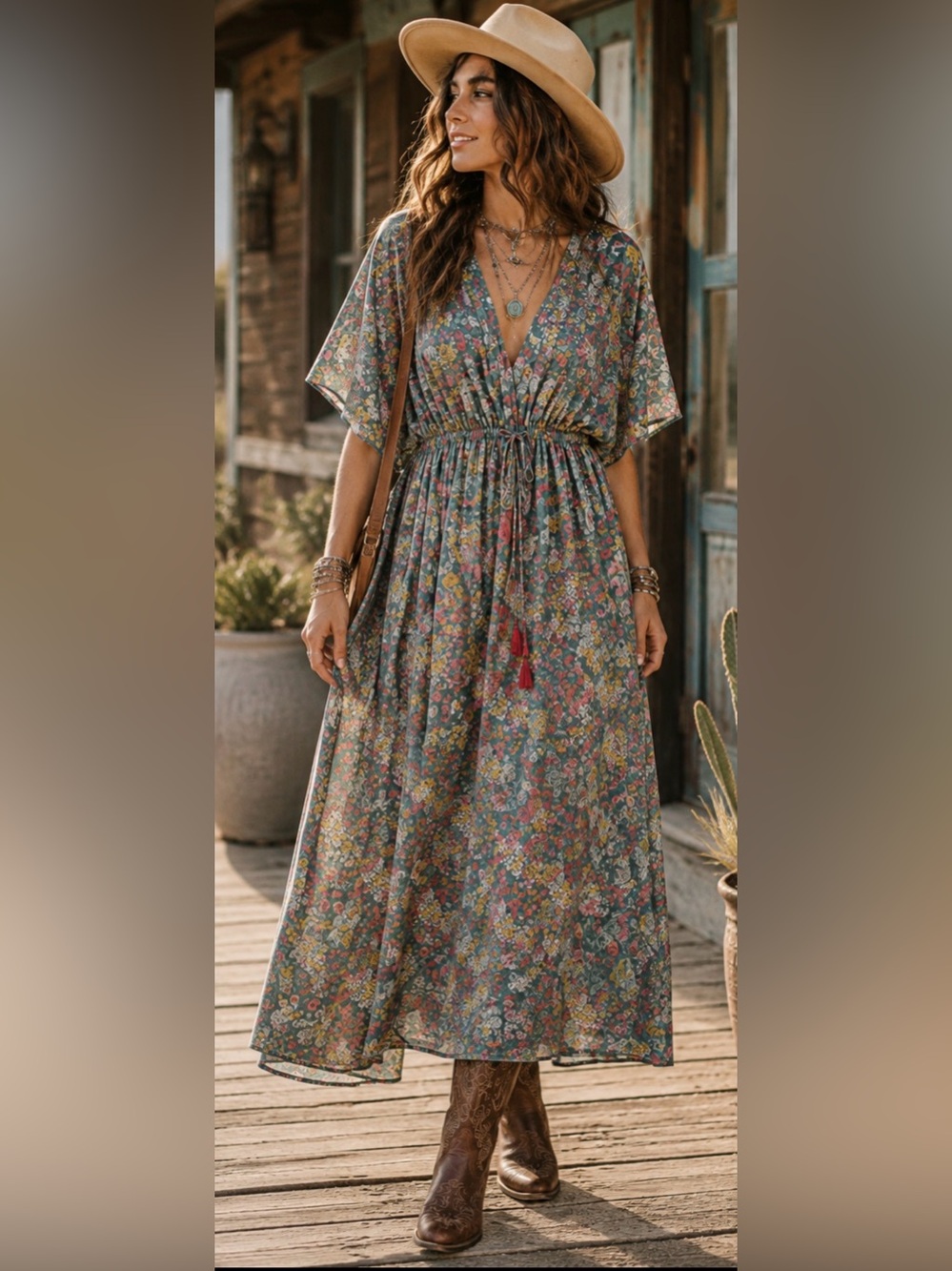 Cost Plus World Market Green Floral Boho Maxi Dress